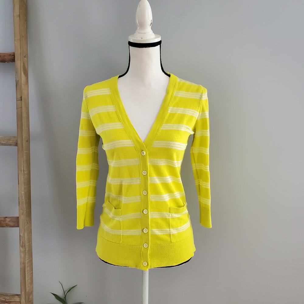 LOFT Women's Yellow Striped Pocket Cardigan Size S